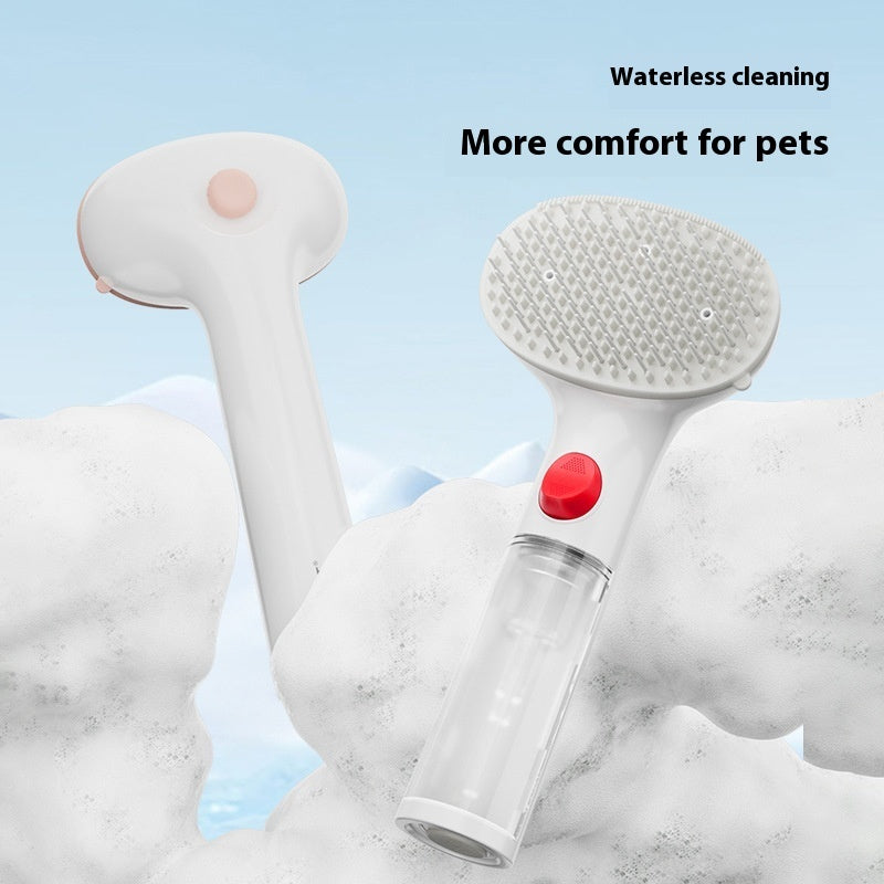 Waterless pet grooming brush, white with red button and massage bristle head