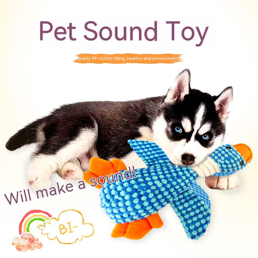 Blue plush dog molar cleaning bite toy with knotted chew texture and orange accents