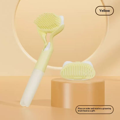 Yellow 3-in-1 pet grooming brush with yellow bristle head and long handle