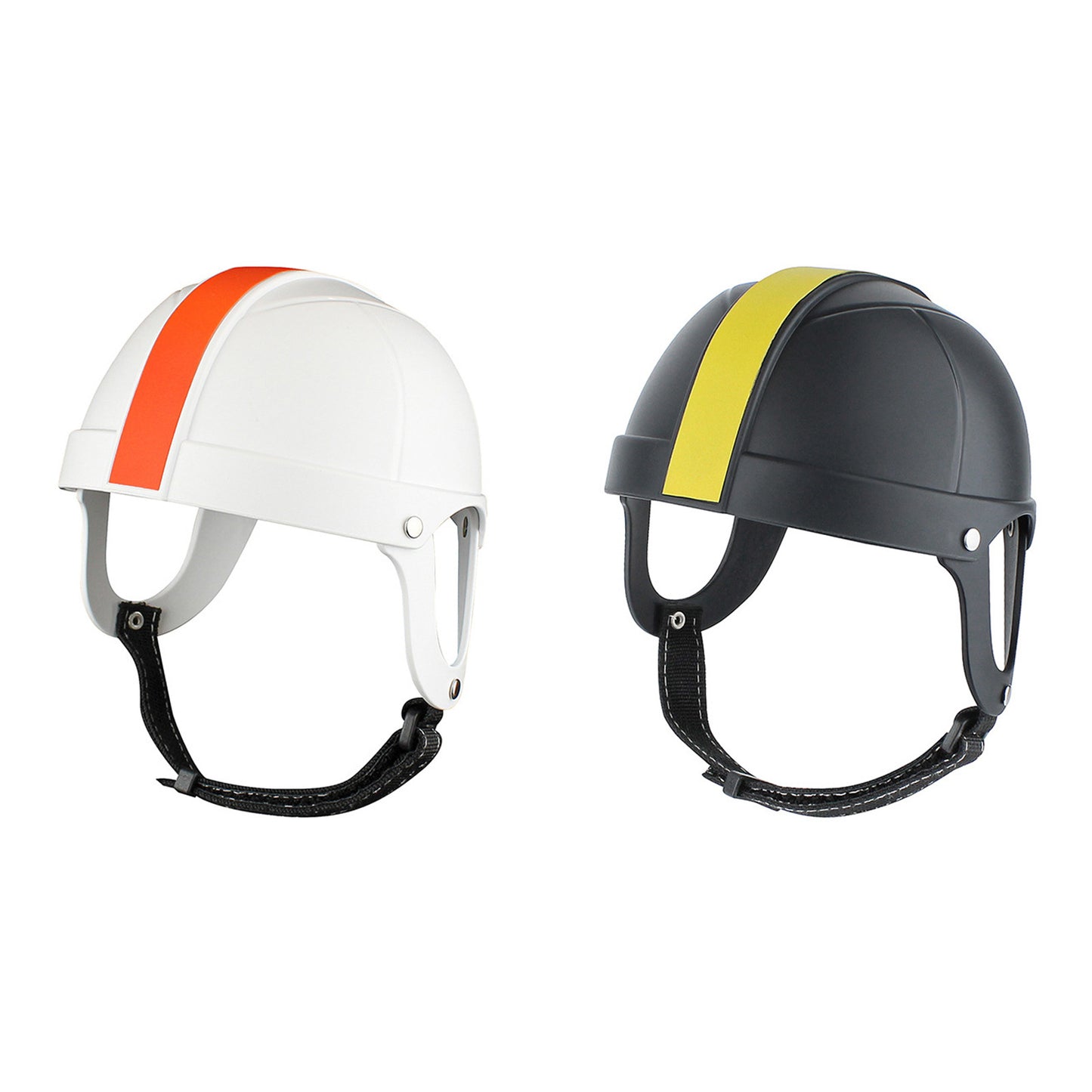 Pet Ride Motorrad-Sicherheitshelme, links weiß/orange, rechts schwarz/gelb, Kinnriemen