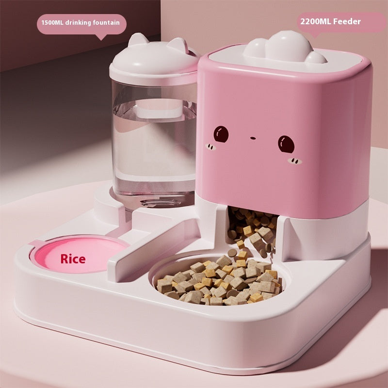 Automatic cat water fountain & feeder in cherry blossom pink with water tank and kibble tray