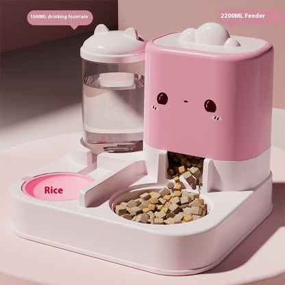 Automatic cat water fountain & feeder in cherry blossom pink with water tank and kibble tray