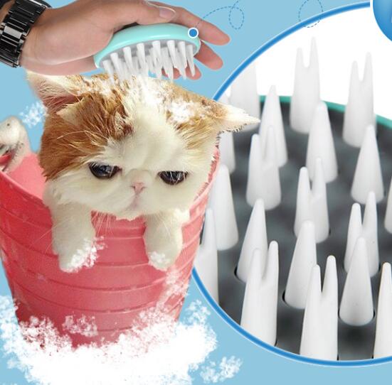 Turquoise massage pet bath brush head with white silicone nubs and spikes