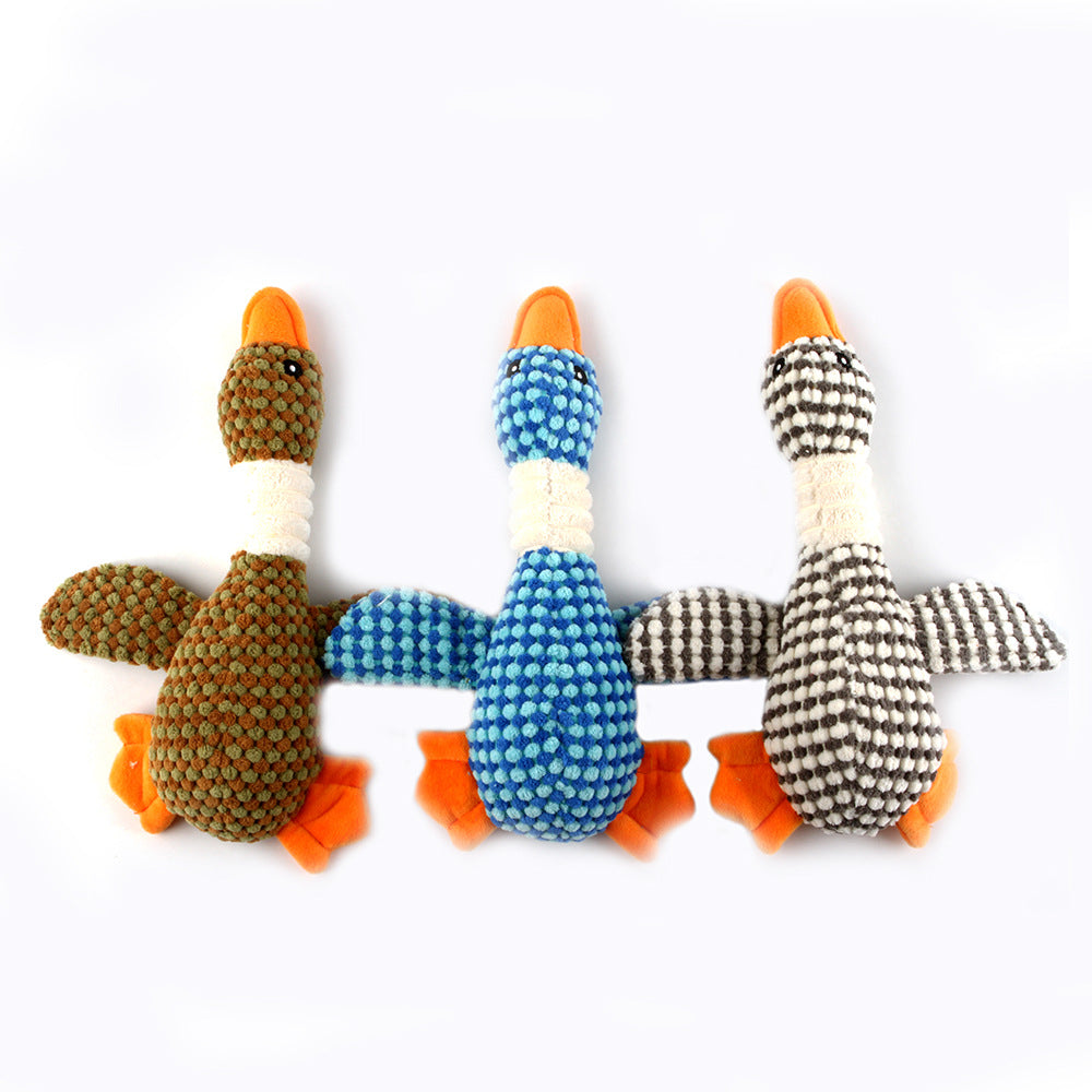 Three plush dog molar cleaning chew toys: olive, blue, and black-and-white