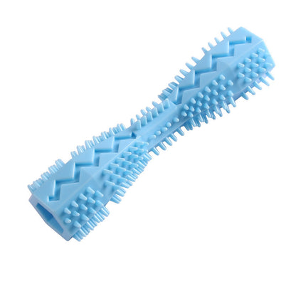 Blue dog chew toy with ridged handle and spiked bristle pads