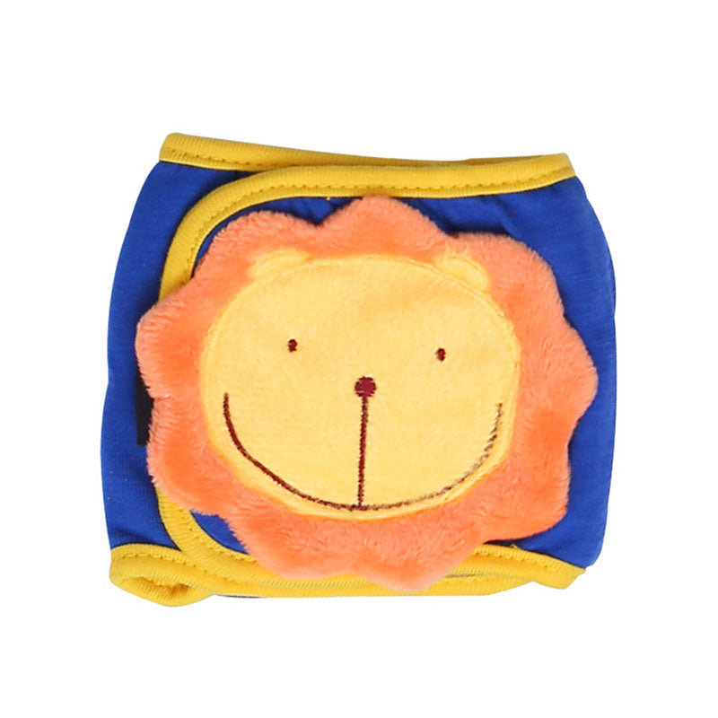 Lion-pattern anti-harassment safety pants in blue with orange lion face applique