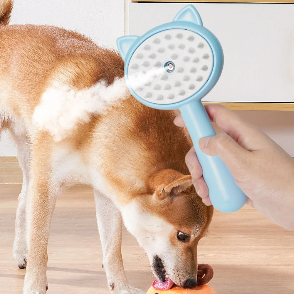 Blue mist grooming slicker brush removing fur from brown dog