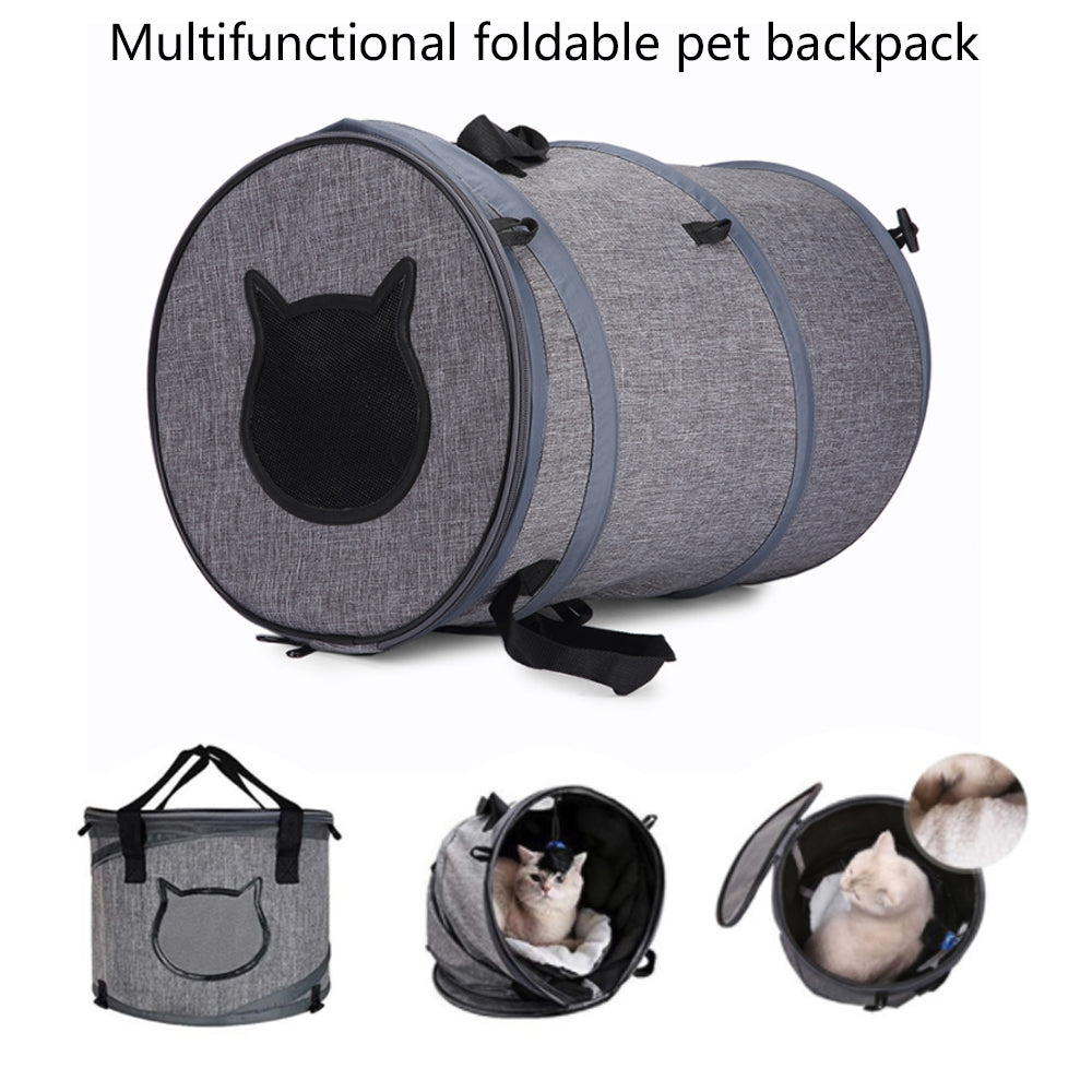 Grey foldable pet carrier tunnel with front round mesh window and carry straps