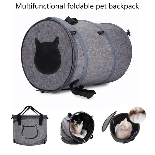 Grey foldable pet carrier tunnel with front round mesh window and carry straps