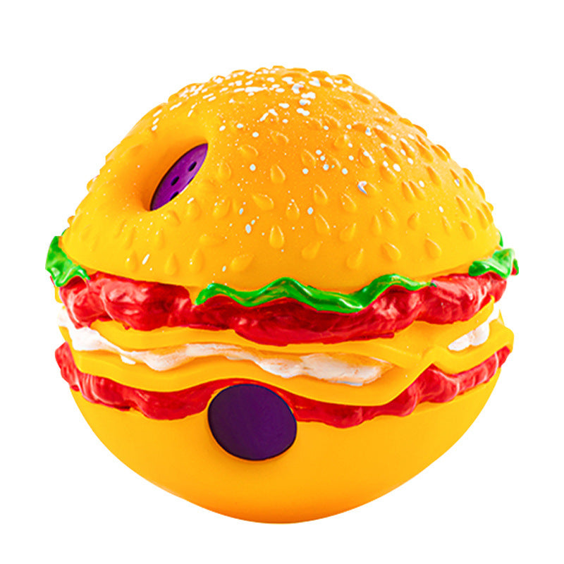 Orange hamburger-shaped dog toy with purple squeaker and red lettuce details