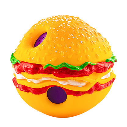 Orange hamburger-shaped dog toy with purple squeaker and red lettuce details
