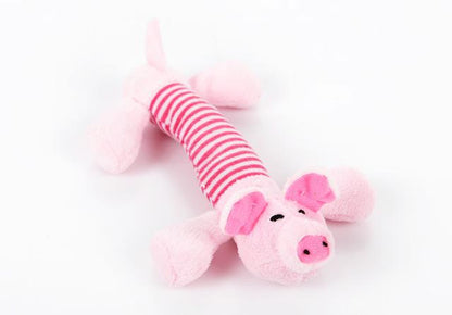 Funny dog squeak plush toy in pink with white striped body and small ear details