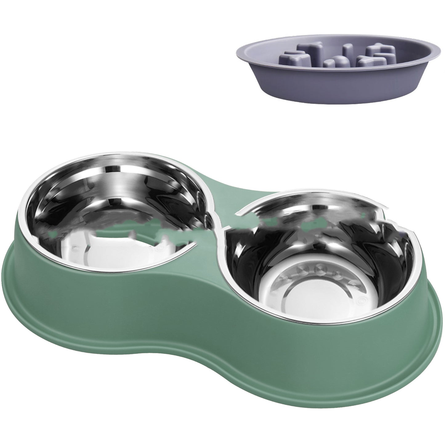 Green slow-feeding pet bowl: two stainless steel bowls with removable maze insert