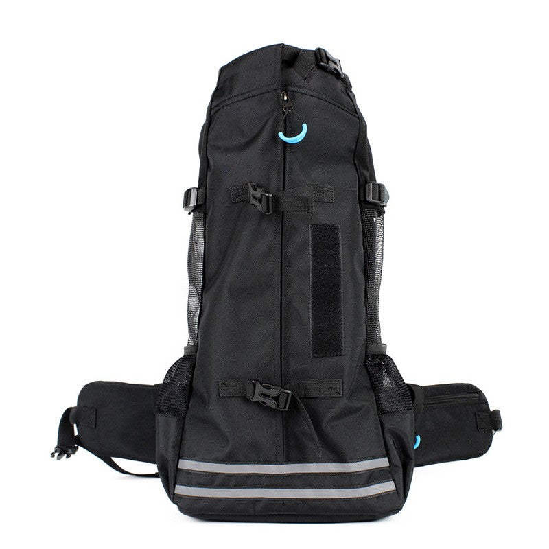Pet Backpack Breathable Carrier Bag, black front view with padded bottom and straps