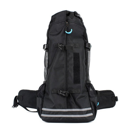 Pet Backpack Breathable Carrier Bag, black front view with padded bottom and straps