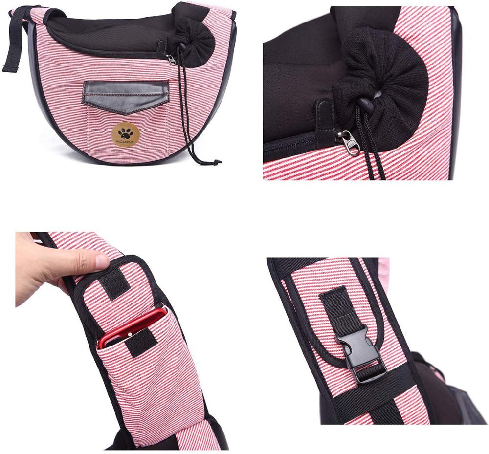 Pink Pet travel bag: bow-tie closure, front zip pocket, adjustable shoulder strap