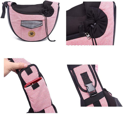 Pink Pet travel bag: bow-tie closure, front zip pocket, adjustable shoulder strap