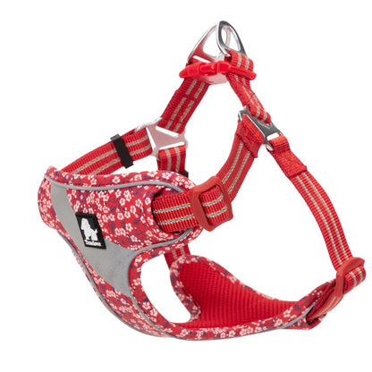 Red floral pet chest strap harness with padded gray chest, striped leg loops, D-ring