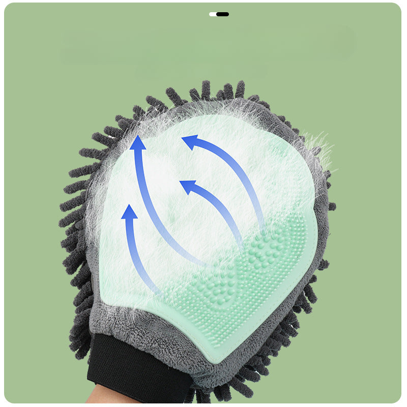 Mint-green silicone drying pads on gray chenille grooming glove