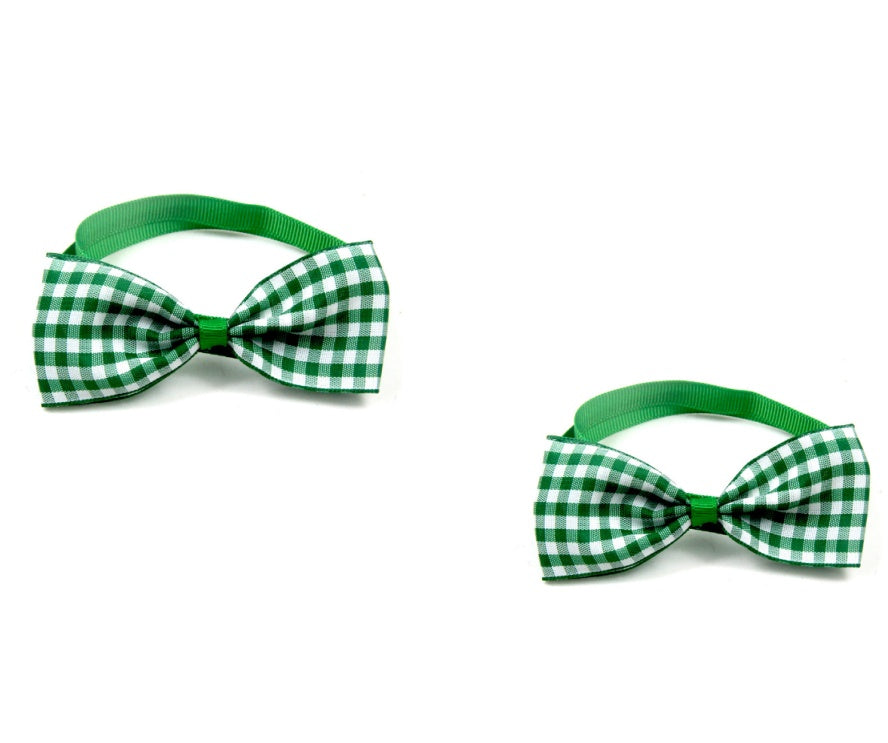 Plaid pet bow tie scarf, green check, adjustable strap—2pcs