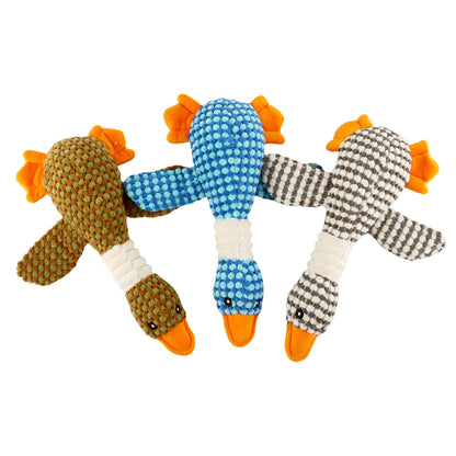 Three plush dog molar cleaning toys with orange feet: olive, blue, and striped black/white