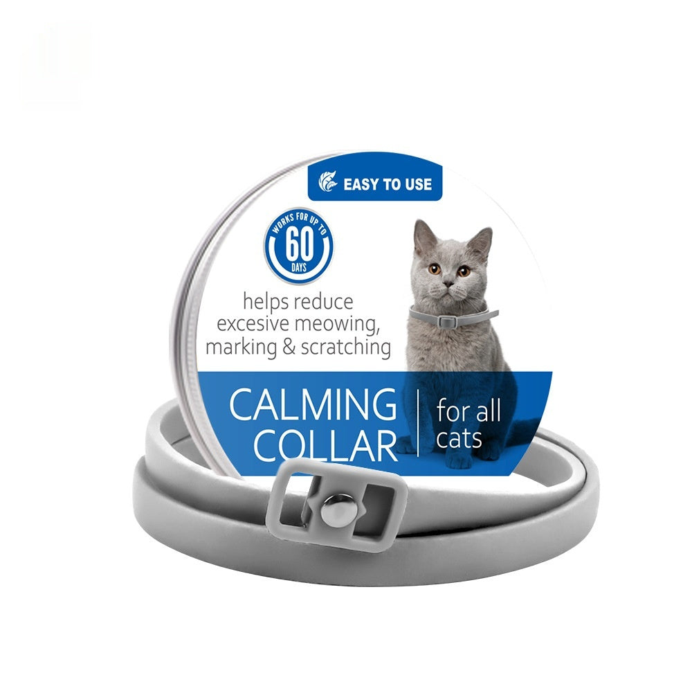 Gray calming collar with buckle, cat shown on packaging card