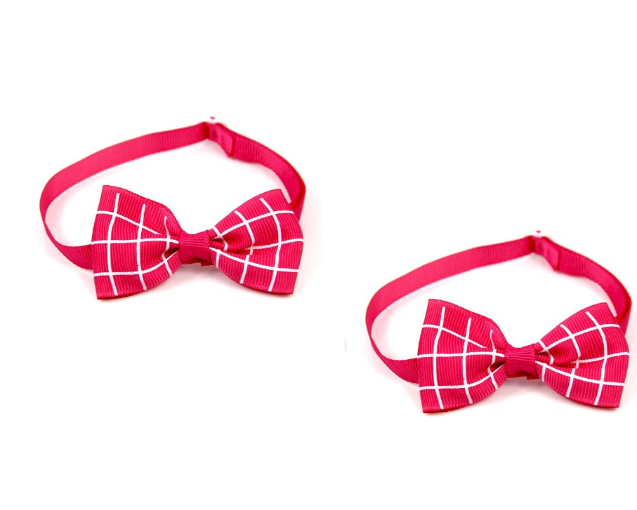 Plaid bow pet scarf accessory with pink strap and white-lined grid bow, two angles