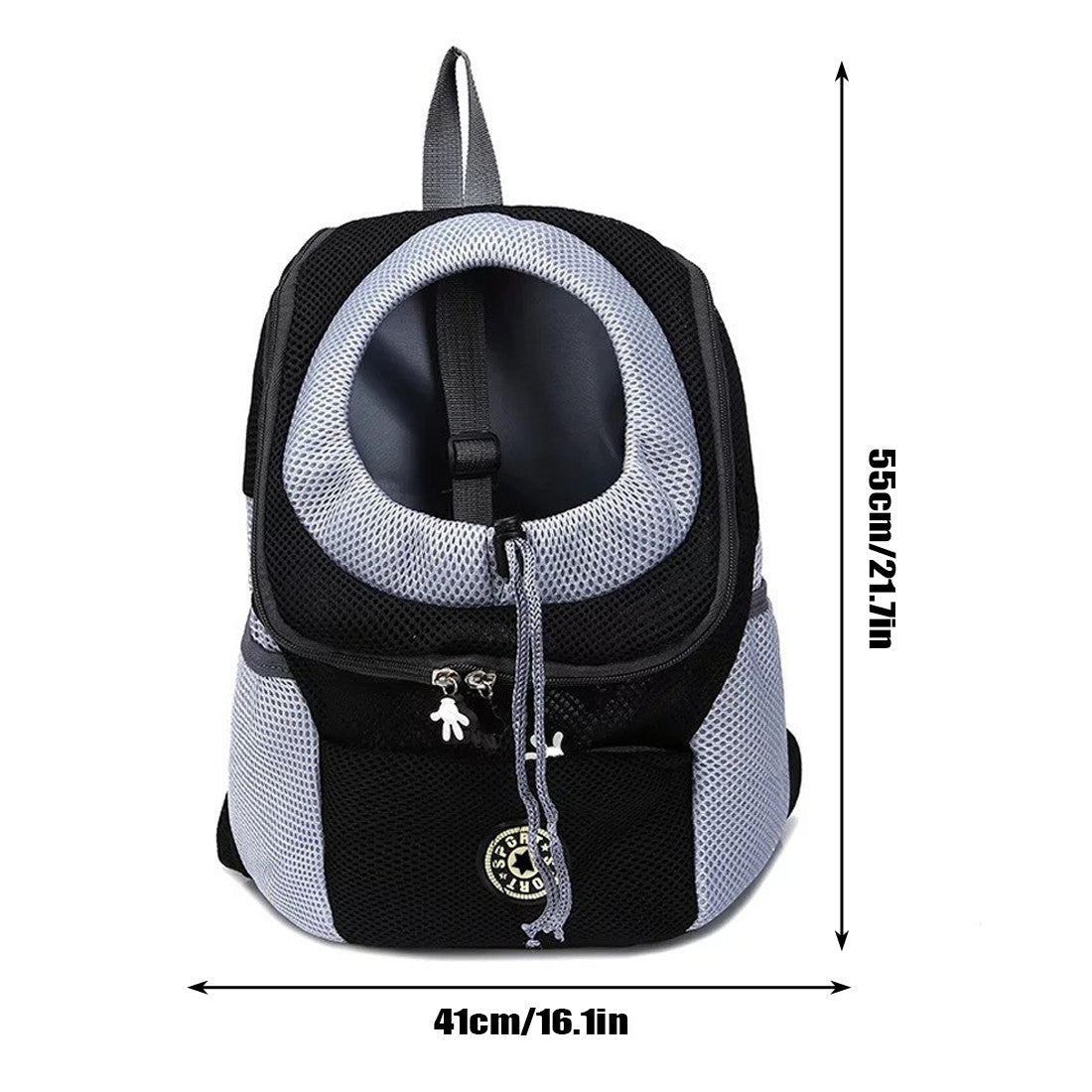 Black and white mesh pet dog backpack size 41cm x 55cm diagram with front pocket
