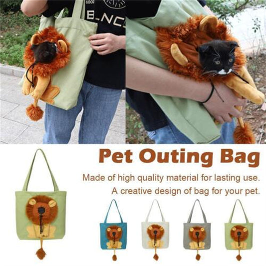 Light green pet carrier tote with lion face plush and small safety zipper detail