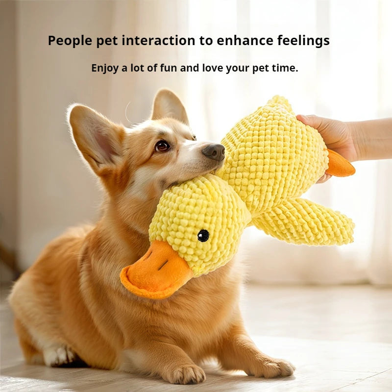 Calming duck squeaky chew toy, yellow plush duck with orange beak and wings