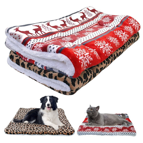 Blanket dog mat: Leopard base with red Deer pattern, folded view