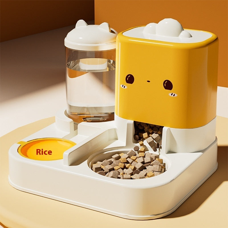 Automatic cat water fountain & feeder, cheese yellow, with water tank and kibble tray