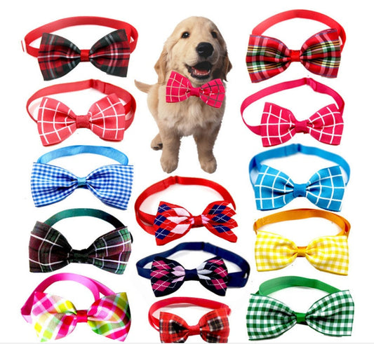 Plaid pet bow tie scarf accessory, assorted colors with elastic neck strap