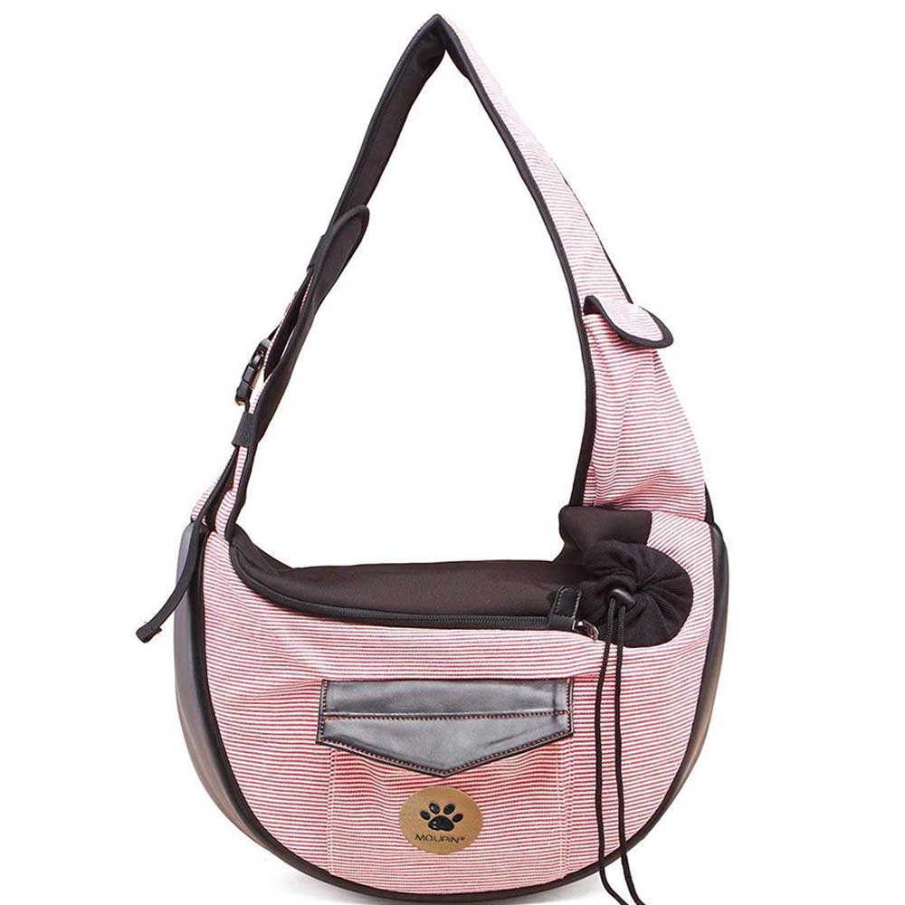Pink Pet travel bag: striped hobo-style bag with black trim and paw badge