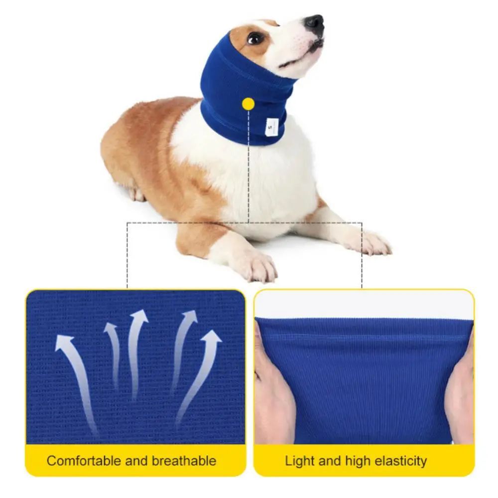 Blue dog headband earmuff covering ears, soft stretchy knit look