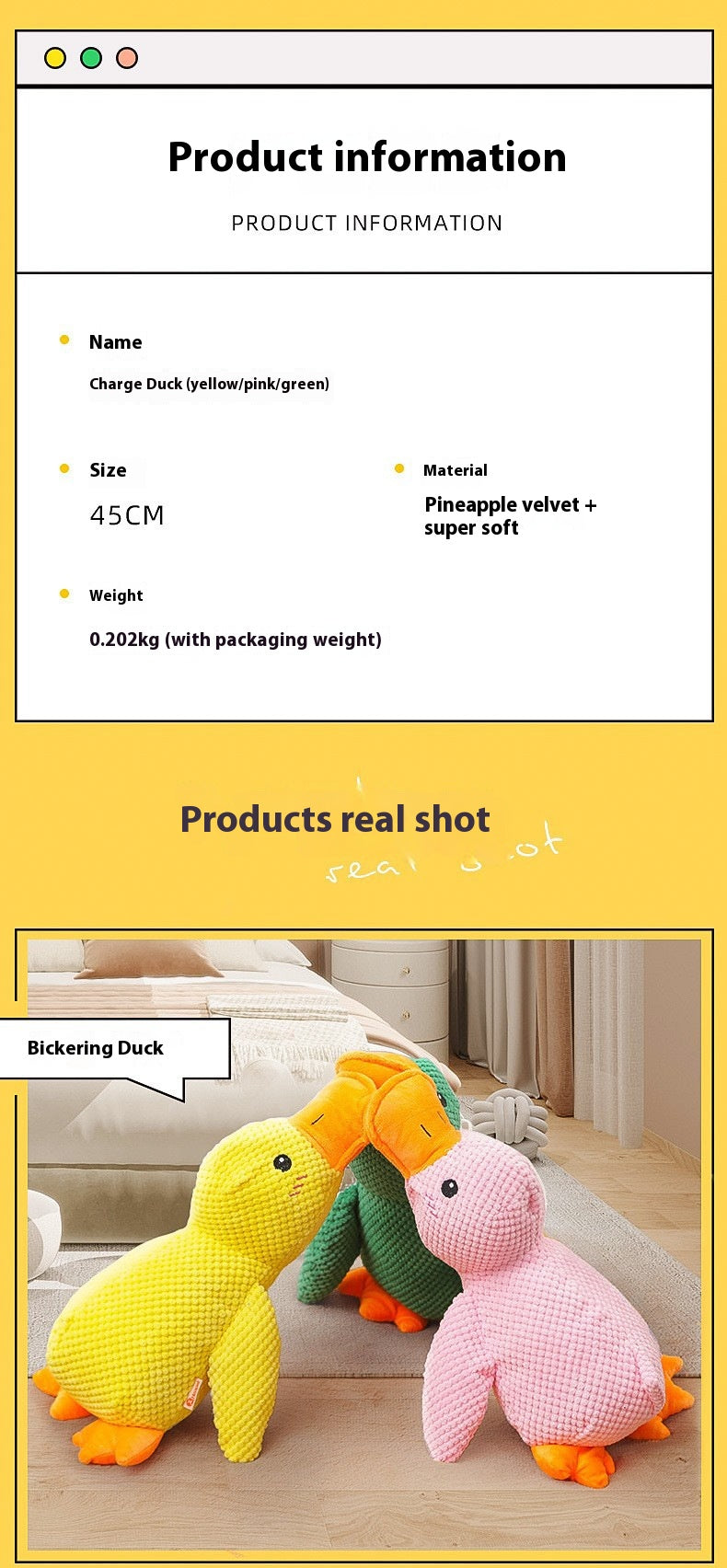 Quietschente gelb 45 cm, Produktinfo: Pineapple-Velvet plus super soft