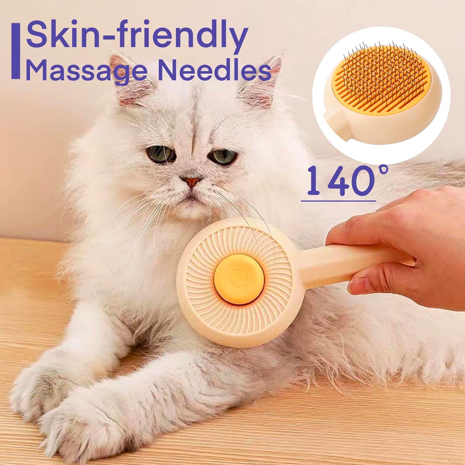 Gelbe Katzenmassage-Bürste mit Massage-Nadeln und selbstreinigendem Knopf