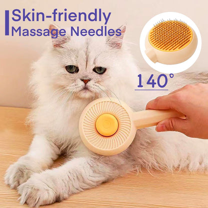 Gelbe Katzenmassage-Bürste mit Massage-Nadeln und selbstreinigendem Knopf