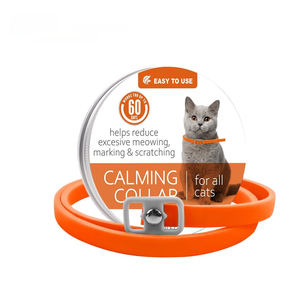 Calming collar with buckle, orange strap—helps reduce excessive meowing/scratching