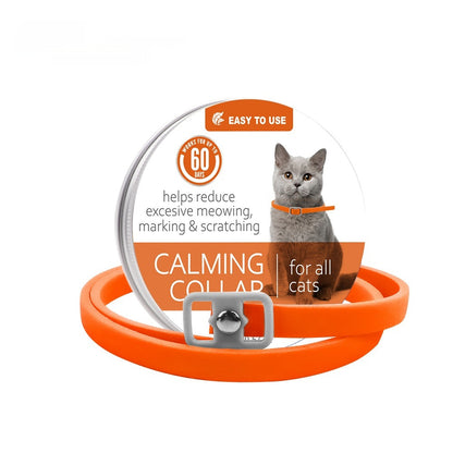 Calming collar with buckle, orange strap—helps reduce excessive meowing/scratching