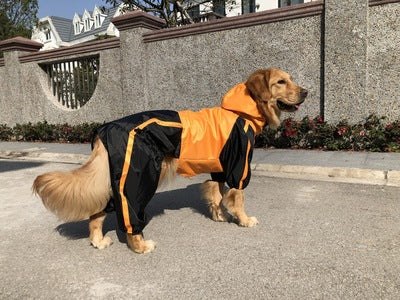 Large dog raincoat, naranja con paneles negros y ribetes en la capucha