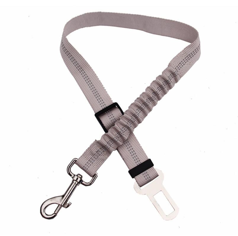 Light grey adjustable reflective dog car seat belt with buckle and metal hook.