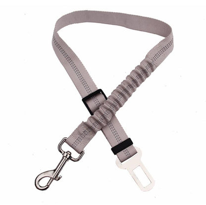 Light grey adjustable reflective dog car seat belt with buckle and metal hook.