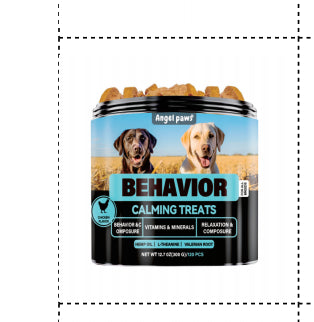 Behavior calming treats dog supplement tub with “BEHAVIOR” label and icons