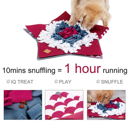 Hund frisst von der Roten Slow-Food-Matte, gefüllt mit weißen und blauen Fetzen