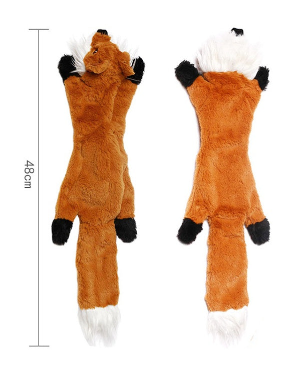 Plush molar toy, Fox style: orange plush with black ears and paws, long body