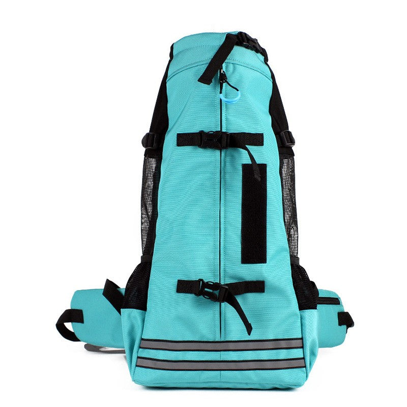 Pet Backpack Breathable Carrier Bag, teal front view with zipper and mesh sides