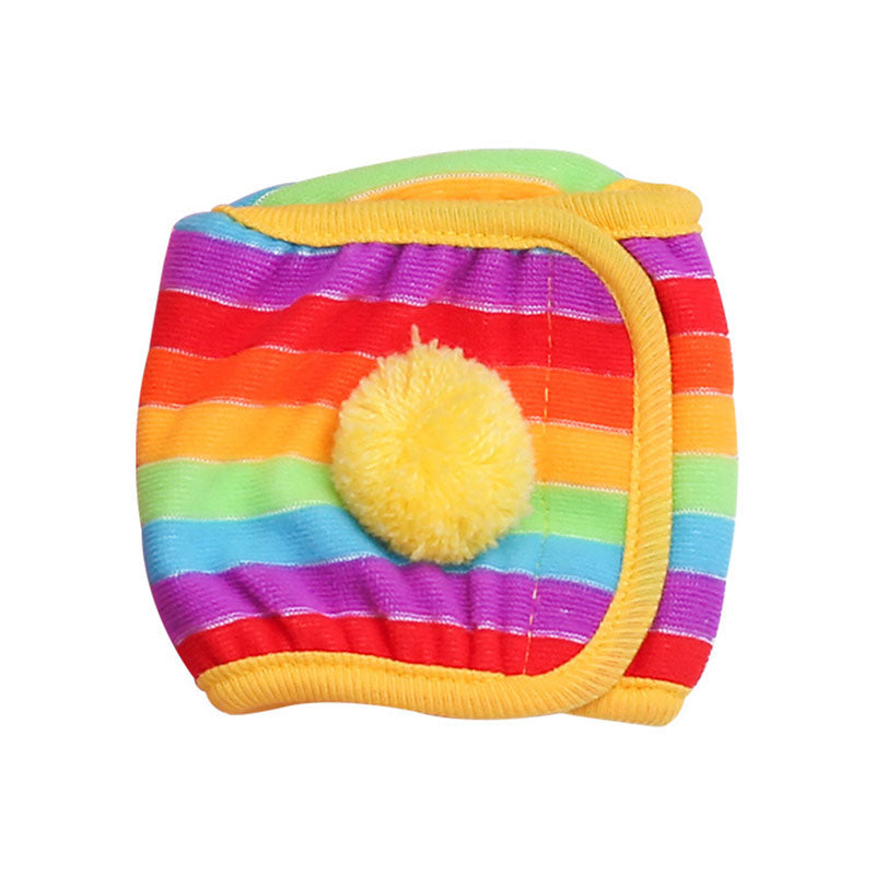 Rainbow stripe anti-harassment safety pants with yellow pom accent and blue binding
