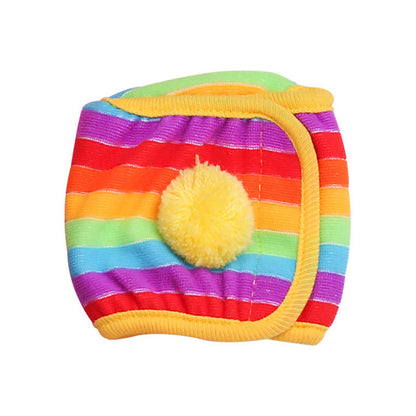 Rainbow stripe anti-harassment safety pants with yellow pom accent and blue binding