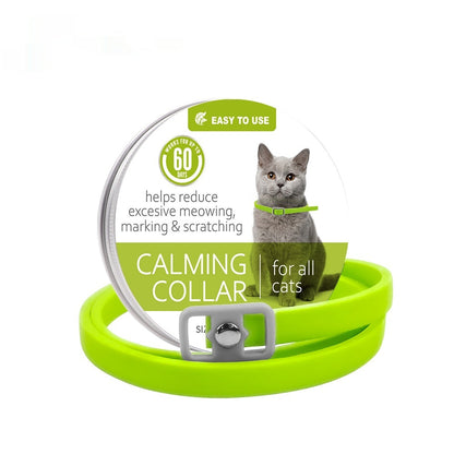 Green calming collar with buckle, cat shown on packaging card
